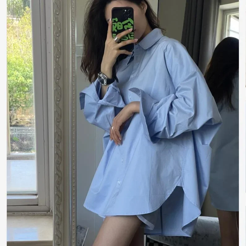 

Синяя рубашка, топ, женская ранняя весна 20220, новый нишевый дизайн, свободная повседневная универсальная рубашка с длинными рукавами