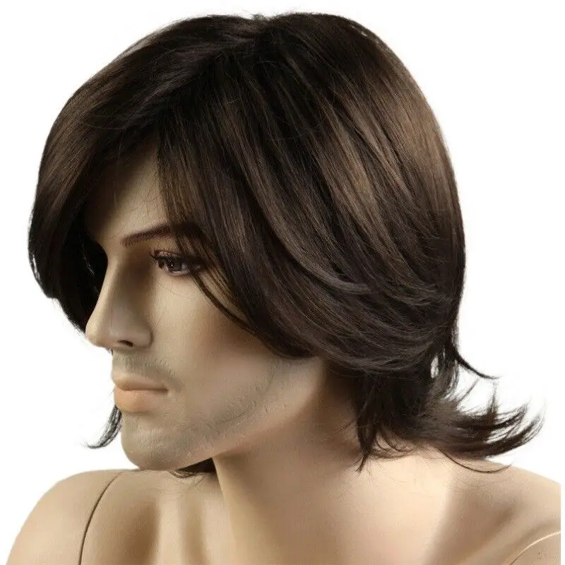 Peluca de pelo Natural para hombre, pelo corto negro y marrón, 8 estilos, Cosplay, Anime