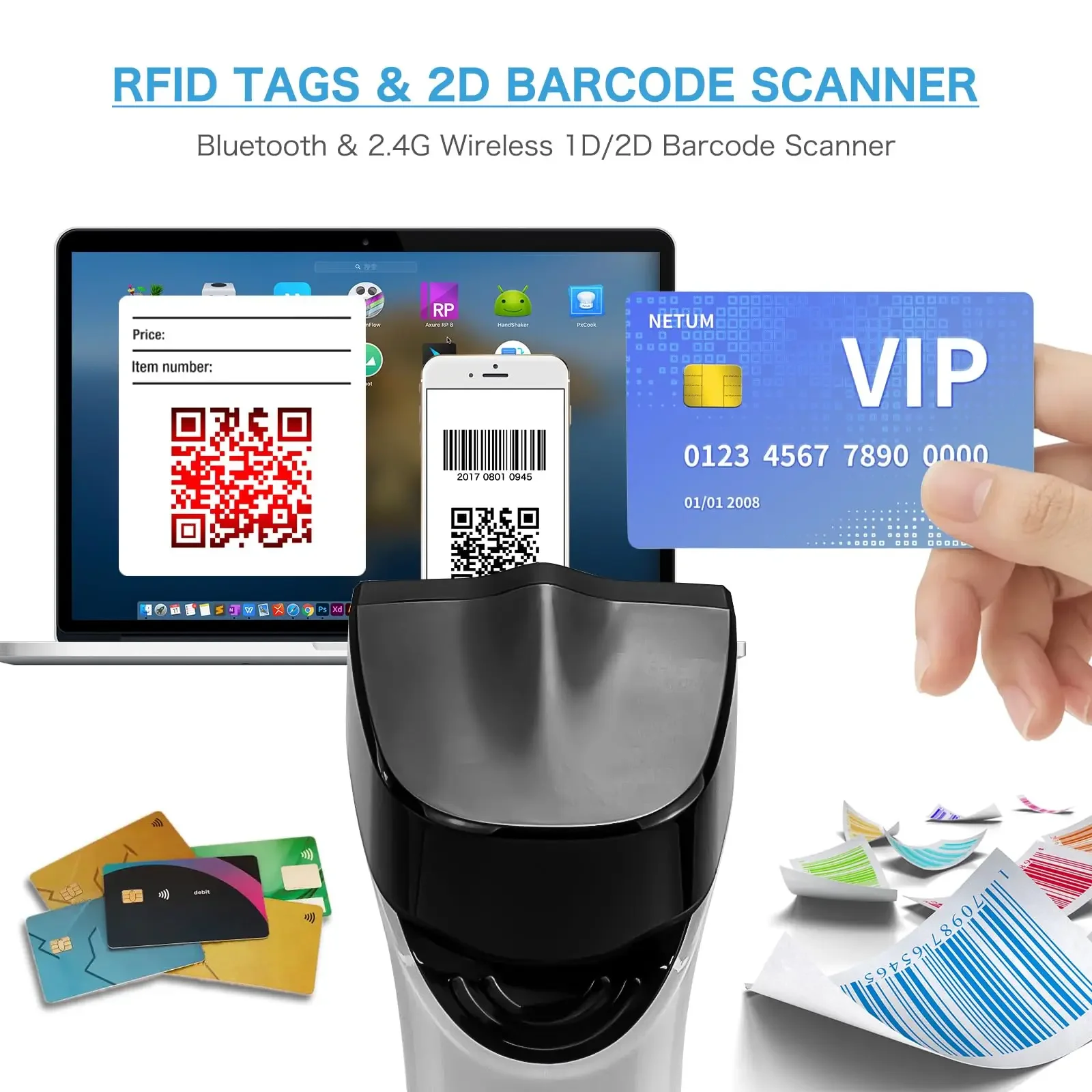 Scanner de código de barras sem fio NETUM DS8100 Blue Tooth 13,56 MHz HF NFC RFID 1D 2D