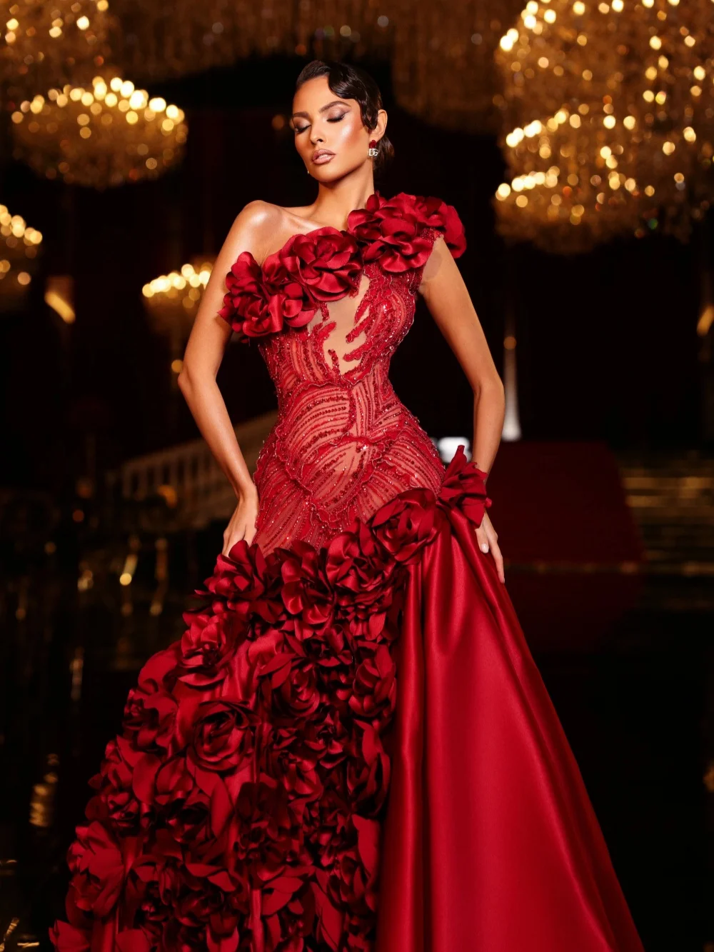 Rotes, vollständig mit Perlen besetztes Abendkleid mit 3D-Rose, modisches, bodenlanges Hochzeitskleid mit einer Schulter, maßgeschneiderte Luxus-Abschlussballkleider