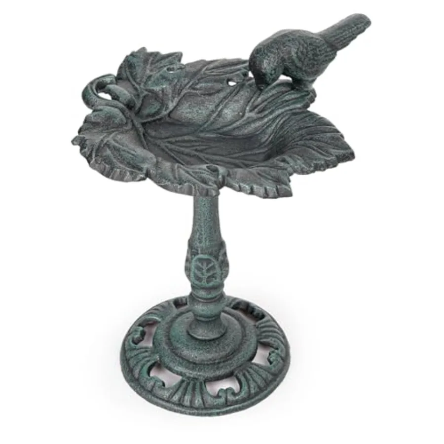 

Vintage Cast Iron Birdbath for Outside, 10.6" Tall Bird Feeder with Adorable Bird Statue, Freestanding Leaf-Shape Water Bowl, D