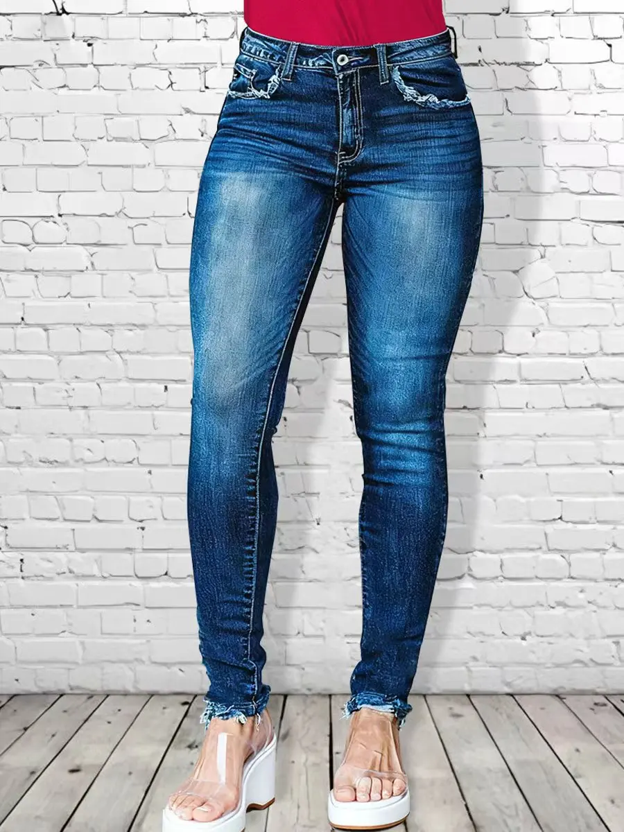 

Женские винтажные потертые джинсы скинни; Приталенный крой; Средняя посадка; Эластичный; Повседневный; Джинсовые брюки