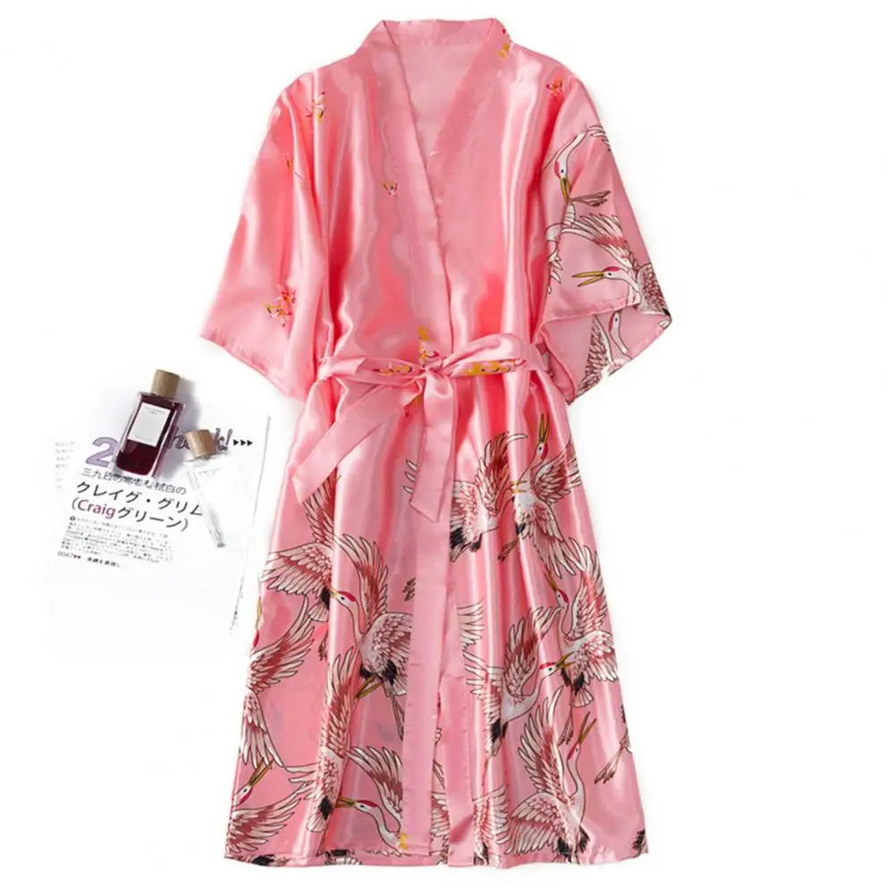 Ice Silk Women Bathrobe Japanese Bird Print Satin Lace-up V Neck Half Sleeve Home Pajamas Silk Kimono Robe Bathrobe Sleepwear