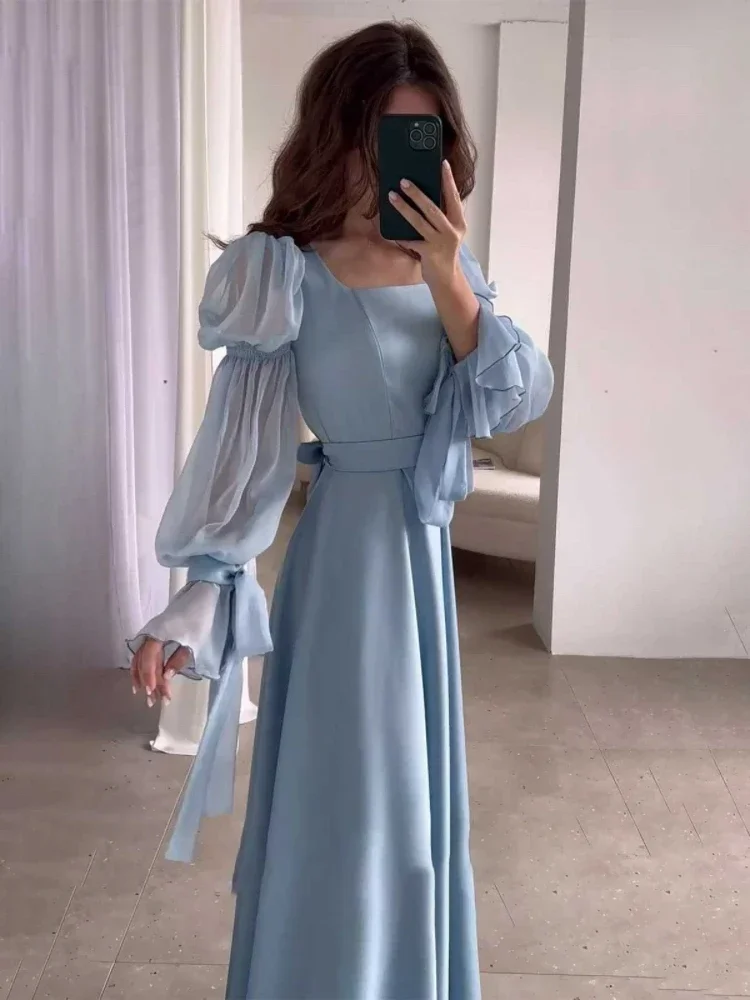 Women Chiffon Satin Evening Dress Square Collar Belt Flare Sleeve Pleated Female Dresses 2024 Elegant Lady Y2k Streetwear