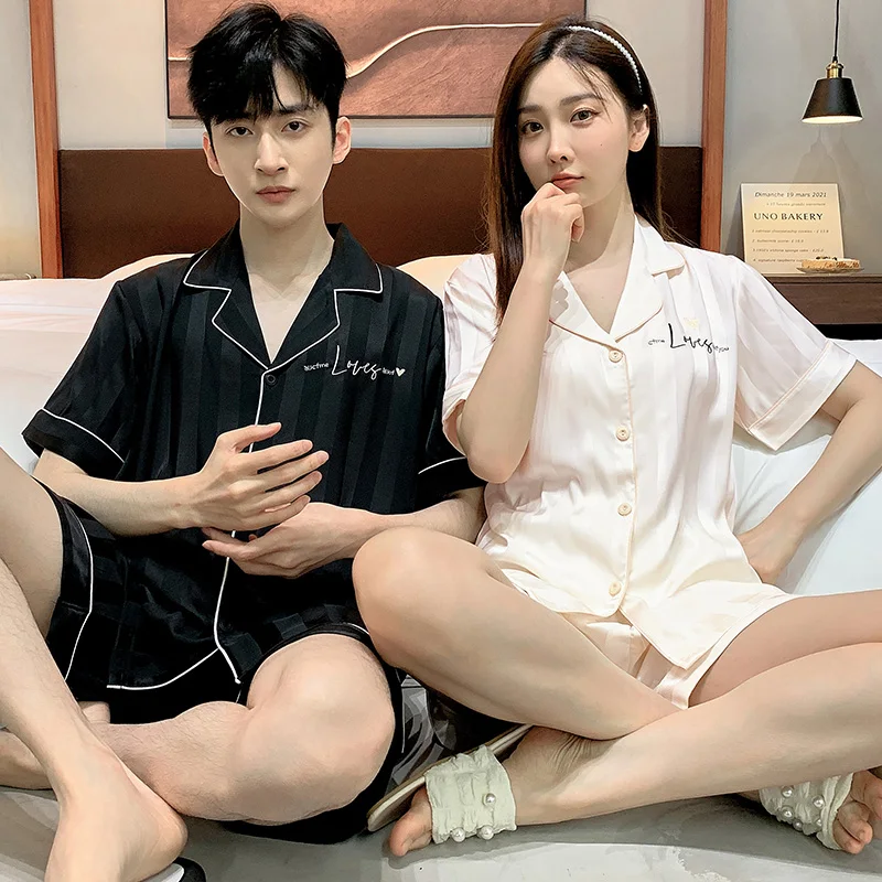 Couple Pajamas Summer Ice Silk loose Women's Sleepwear Men's short sleeves Thin Pijamas suit loungewear pijamas para parejas