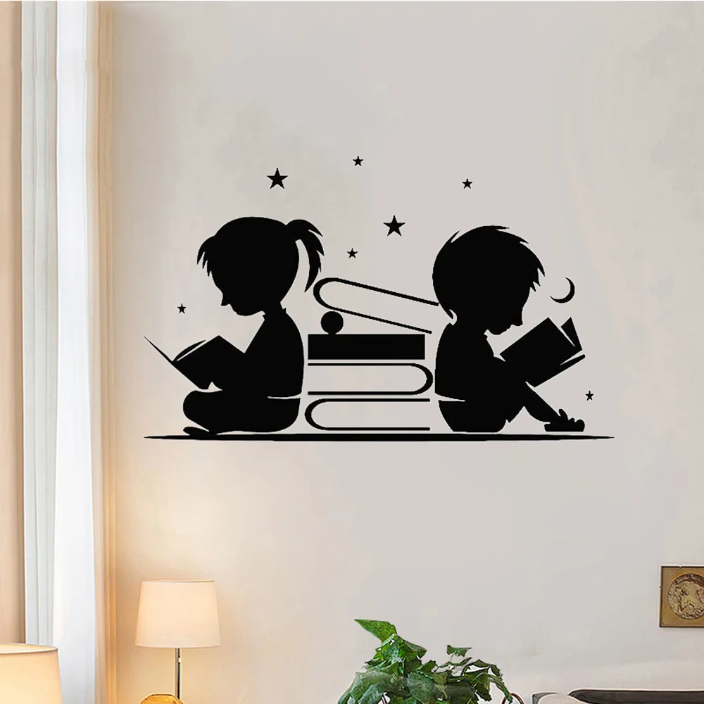 Boy Girl Read Books Wall Sticker Stars Moon Wall Art Murals Library Reading Corner Wall Decor Children Room Nursery Decoration