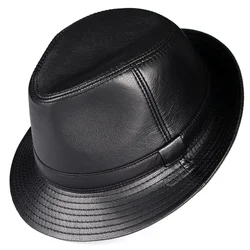 New 2024 Man High Quality Genuine Leather Jazz Fedora Gentleman Cow Skin Short Brim Black/Brown Top Hat Male Shows Topper