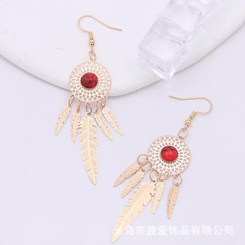 Retro ethnic style metal earrings dream catcher feather tassel fashion exotic style earrings jewelry women
