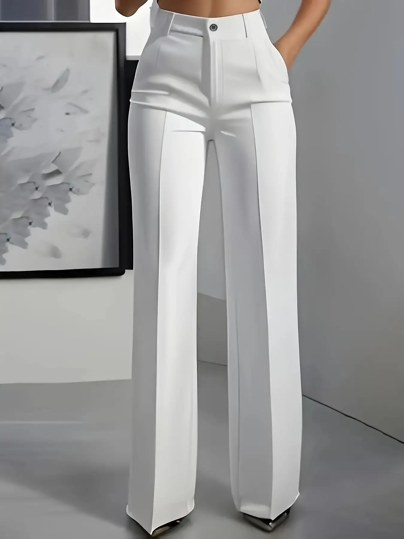Euro-American style solid color high-waisted slim-fit suit pants, straight-leg slimming commuter trousers, suitable for women's