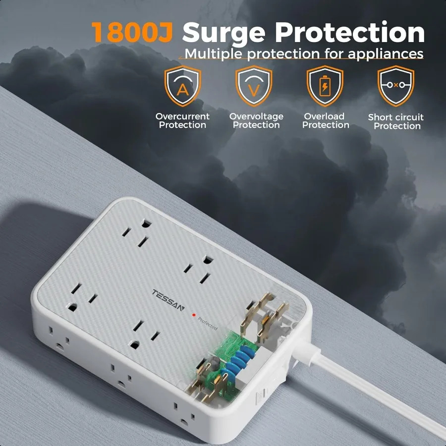 عرام حامي قطاع الطاقة TAN 5FT سلك تمديد مسطح مع منافذ متعددة 12 منفذ موسع مع 4 USB 2 USBC شقة التوصيل Po
