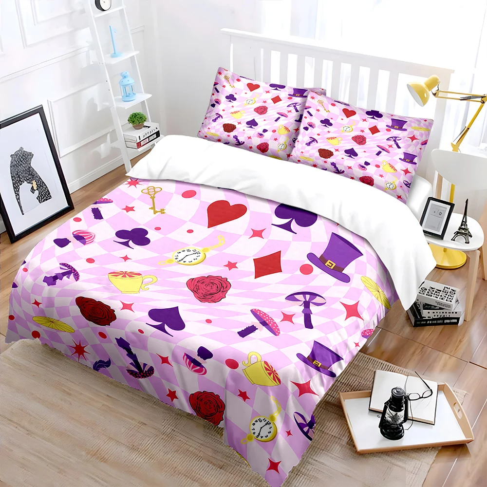 Dream World Card Magic Hat Clock Print Bedding Set 1 Duvet Cover 2 Pillowcases for Adult and Children Luxury Gift Full Size