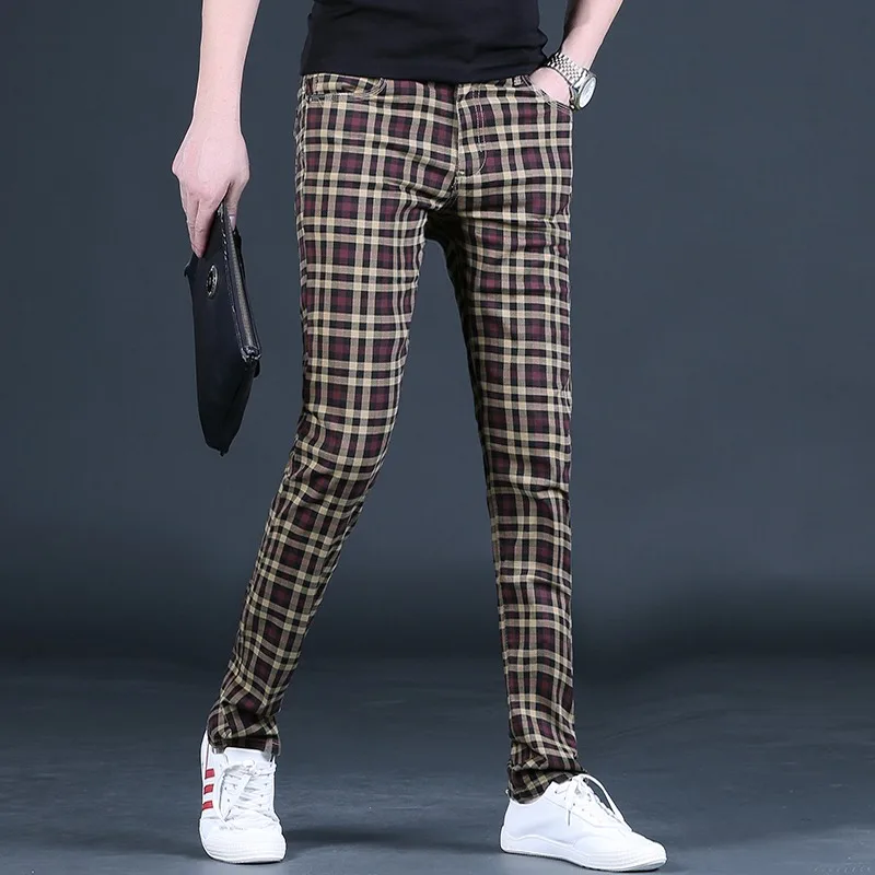 

Summer Plaid Pants Men Fashion Korean Style Dark Khaki Slim Fit Straight Trousers