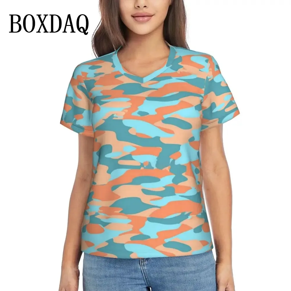 Womens T-Shirt Sexy Camo Tee Shirt Orange Blue Camouflage Elegant T-Shirts Short Sleeve V Neck Classic Graphic Oversized Clothes