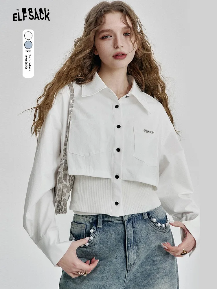 

Женский универсальный топ-обманка Ele Trap с эффектом двухслойности, белый, приталенный, от Elf Sa, весенний, повседневный, из полиэстера, однотонный