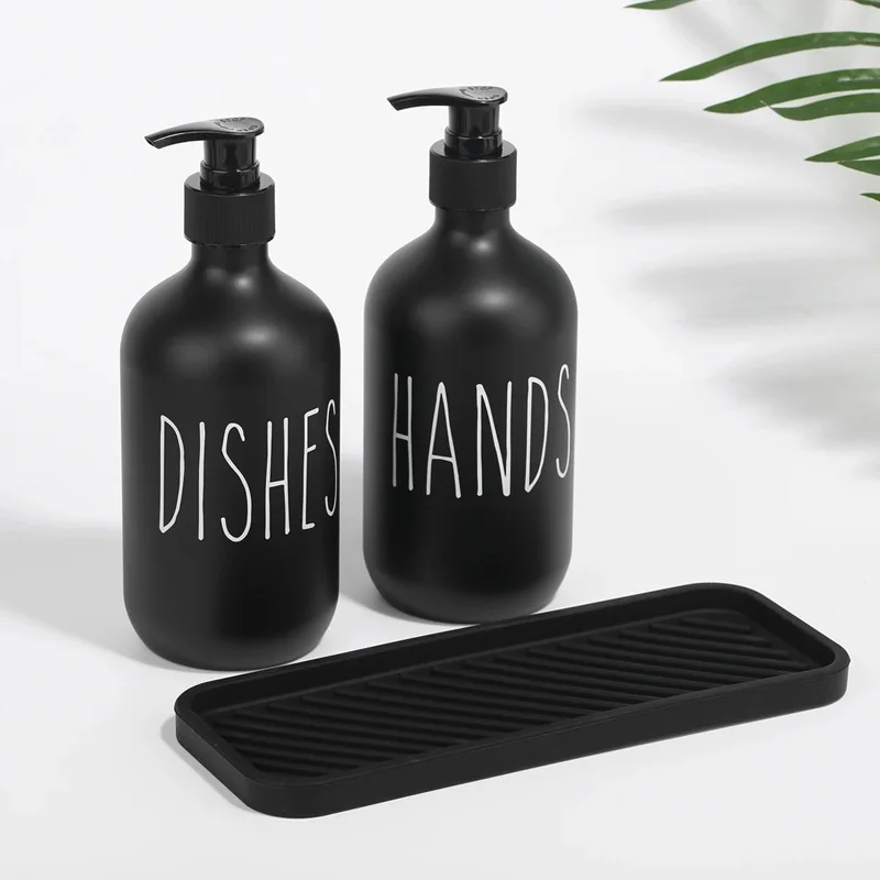 Dish Soap Dispenser Set for Kitchen Sink Hands Soap Dishes Detergent Storage Bottle Black White Refillable Bottles with Tray