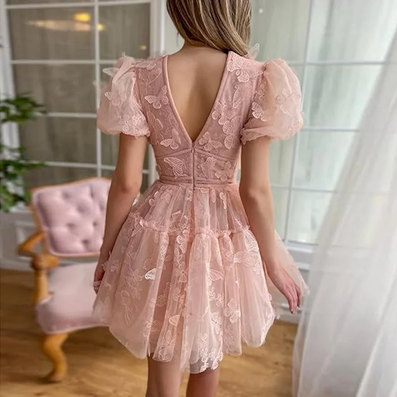 Lose 2024 Floral Und Einfache Abendkleid Weibliche Spitze Applique V-ausschnitt 15 Jahre Geburtstag Party Prom Kleid Über Knie Vestidos