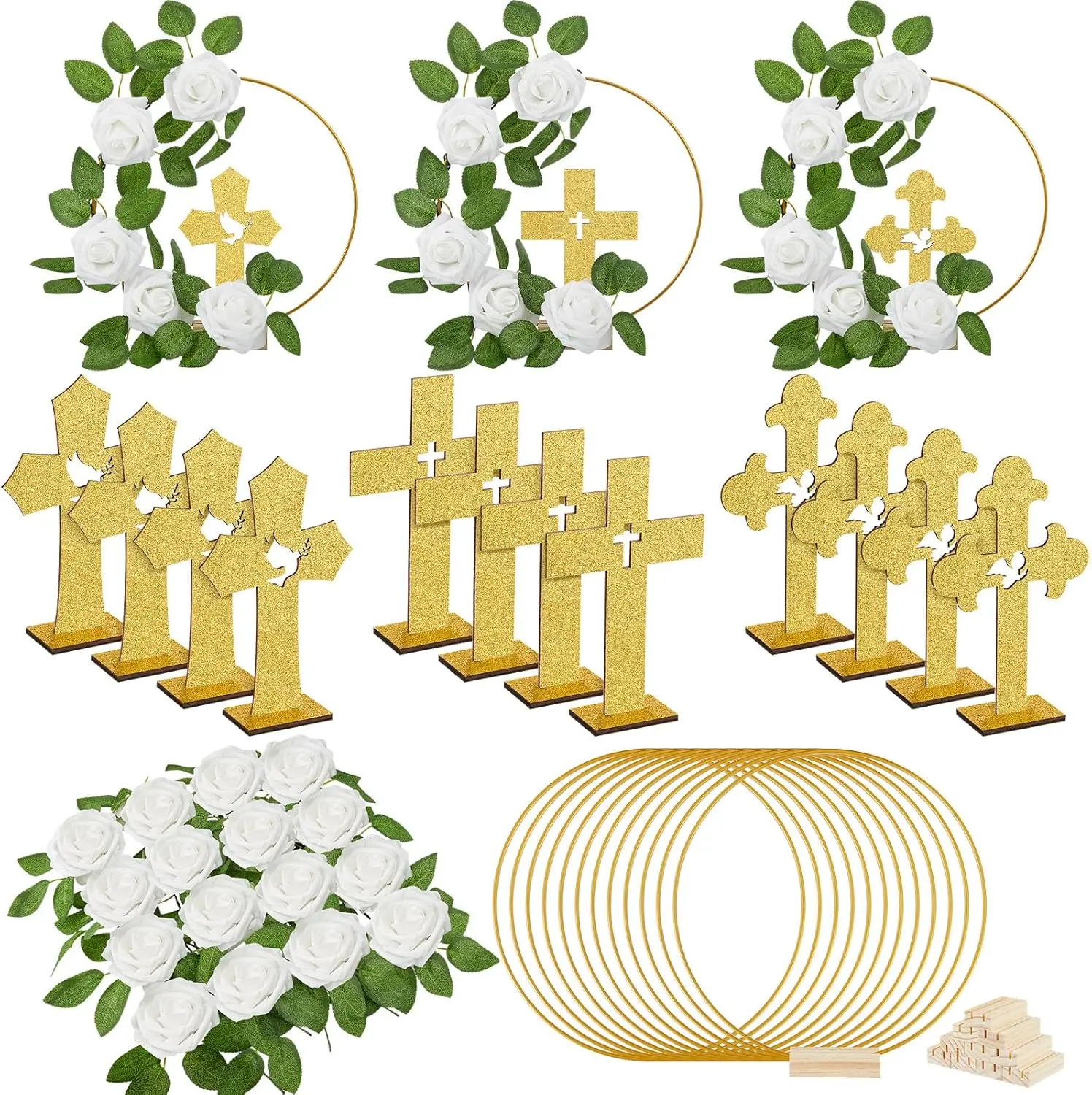 

48 Pcs Baptism Centerpiece First Communion Table Decor with Wood Cross Floral Hoop Foam Rose for Baby Shower Wedding Gold White
