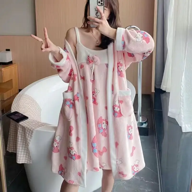 Japanese Sanrio Pink My Melody Autumn Winter Bathrobe Women Coral Velvet Thickened Plush Sweet Blue Cinnamoroll Velvet Sleepwear