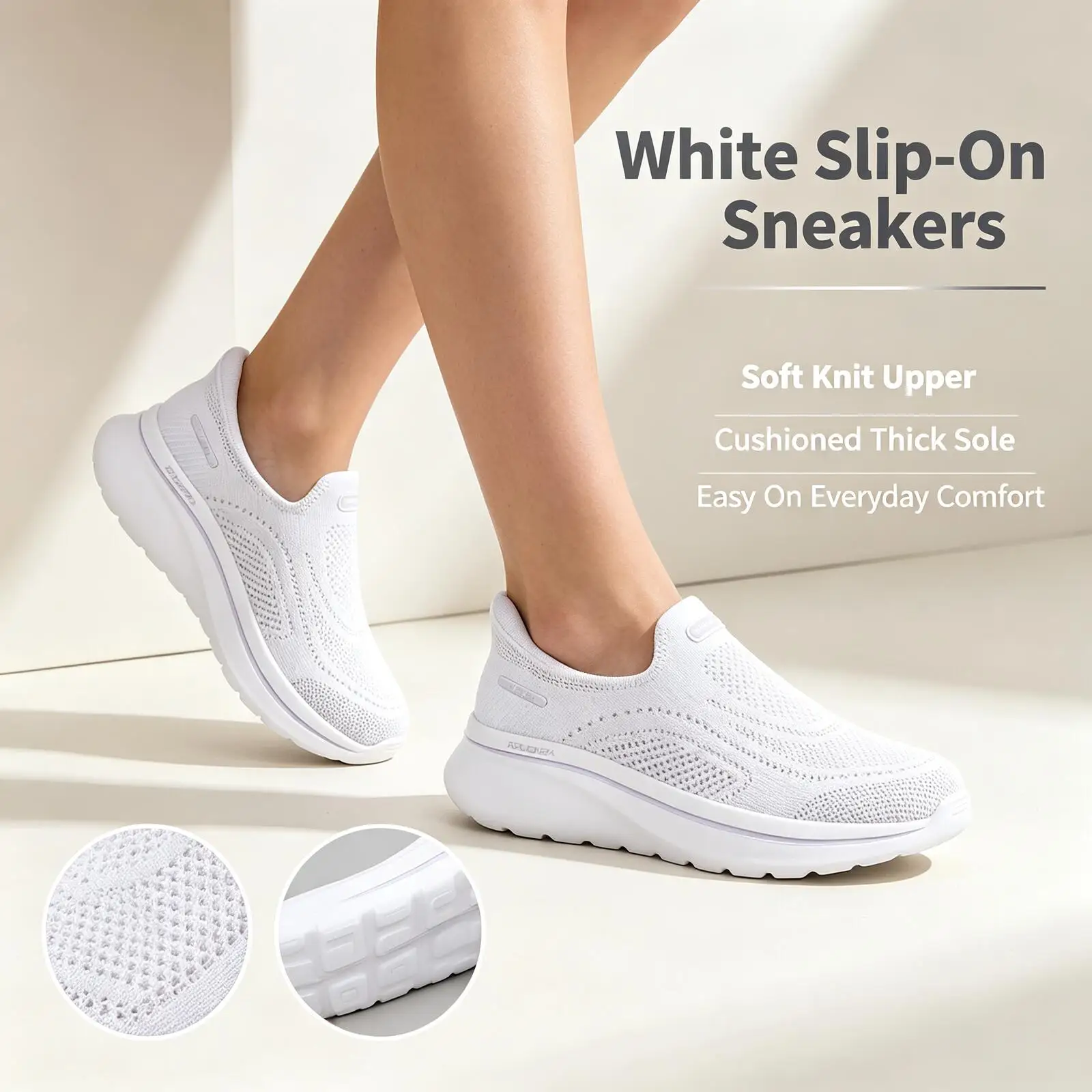 Skechers Women White Slip-On Sneakers Soft Knit Upper Cushioned Thick Sole Lightweight Breathable Casual Walking Shoes
