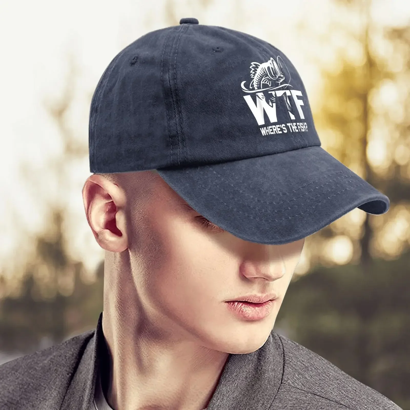 

The Fish Hats for Man Fishing Here Fishy Fishy Hats for Men Baseball Funny Trucker Men Black Gym Caps Navy Blue