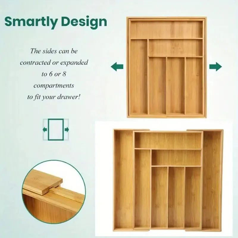 Expandable Bamboo Cutlery Tray Drawer Divider Box, Fork, Spoon, Chopsticks Storage Box, Cutlery Divider Storage Rack Organizer,