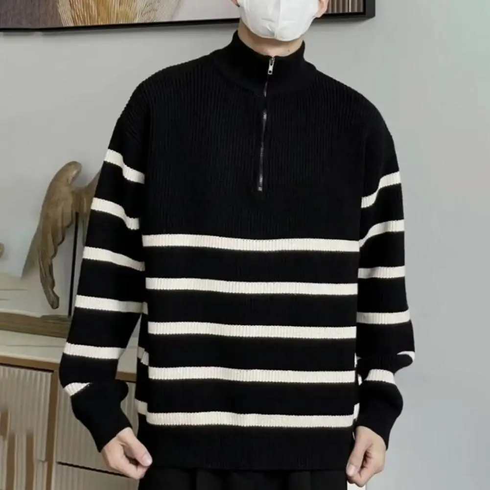 

2024 Winter Fall Fashion Zipper Stand Collar Striped Thick Sweater Men's Long Sleeve Casual Loose Knit Pullovers Classical Tops