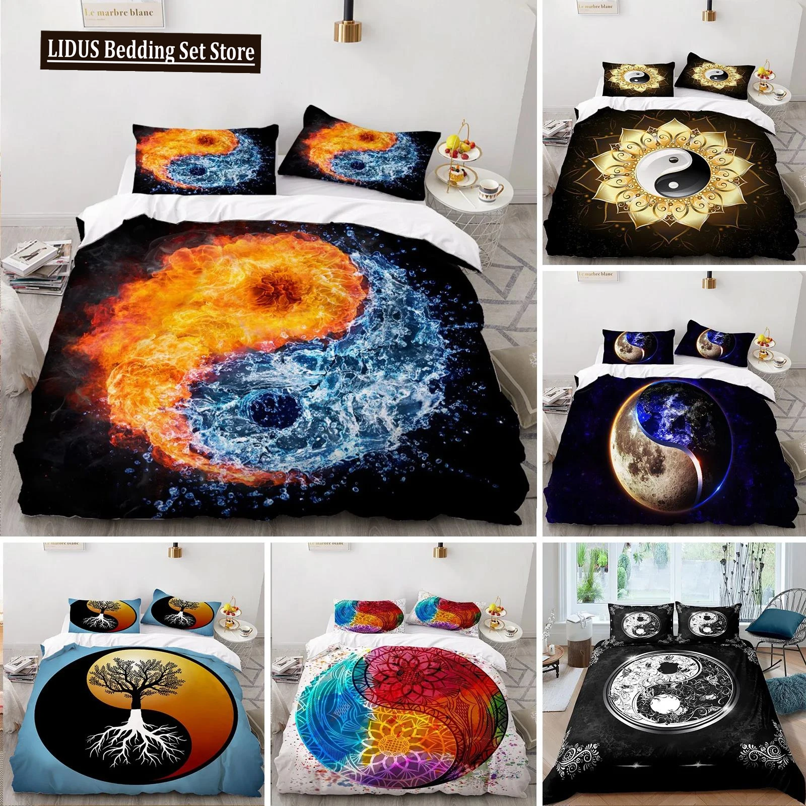 

Yin Yang King Queen Duvet Cover Mandala Bohemian Bedding Set Retro Lotus Tai Chi Bagua Comforter Cover Chinoiserie Quilt Cover