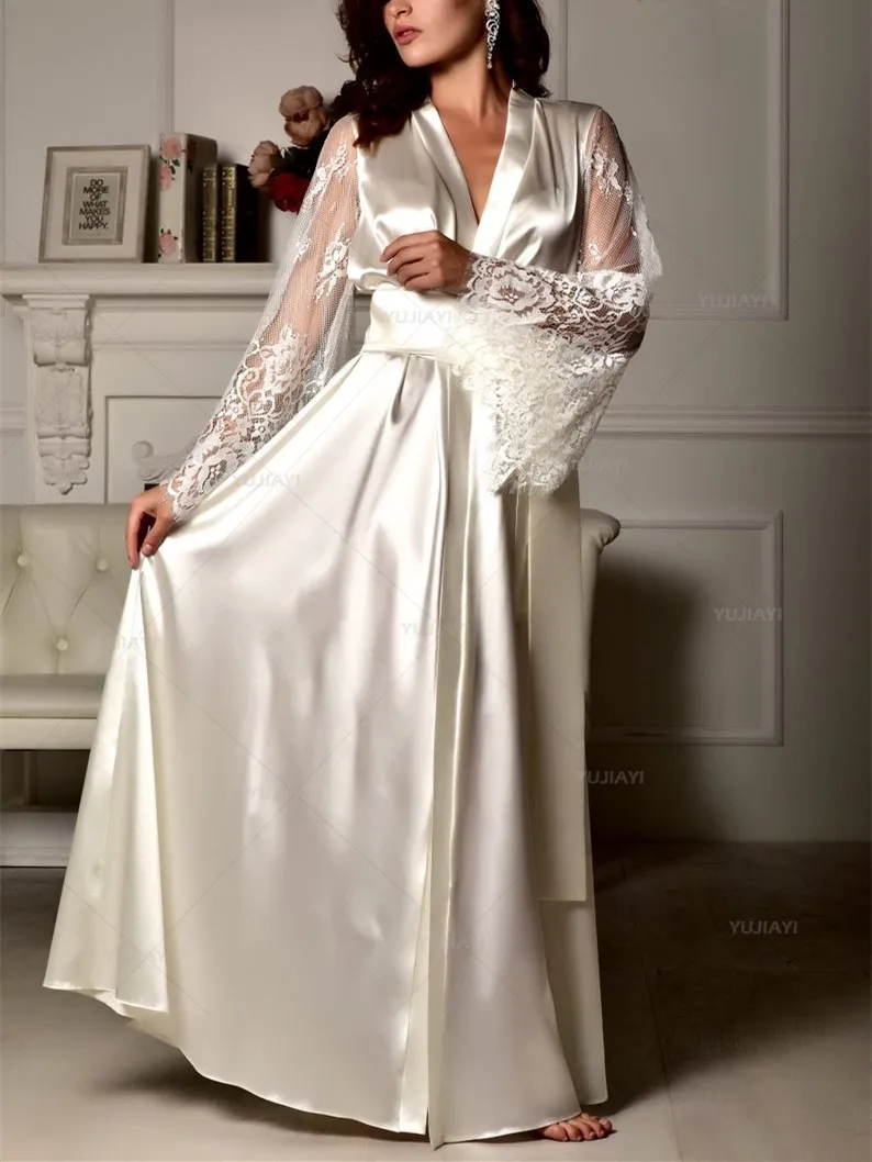 Robe Kimono Longue en Satin avec Garniture en Dentelle pour Patients, Vêtement de Nuit et Pyjama pour ixde Mariage et Photographie