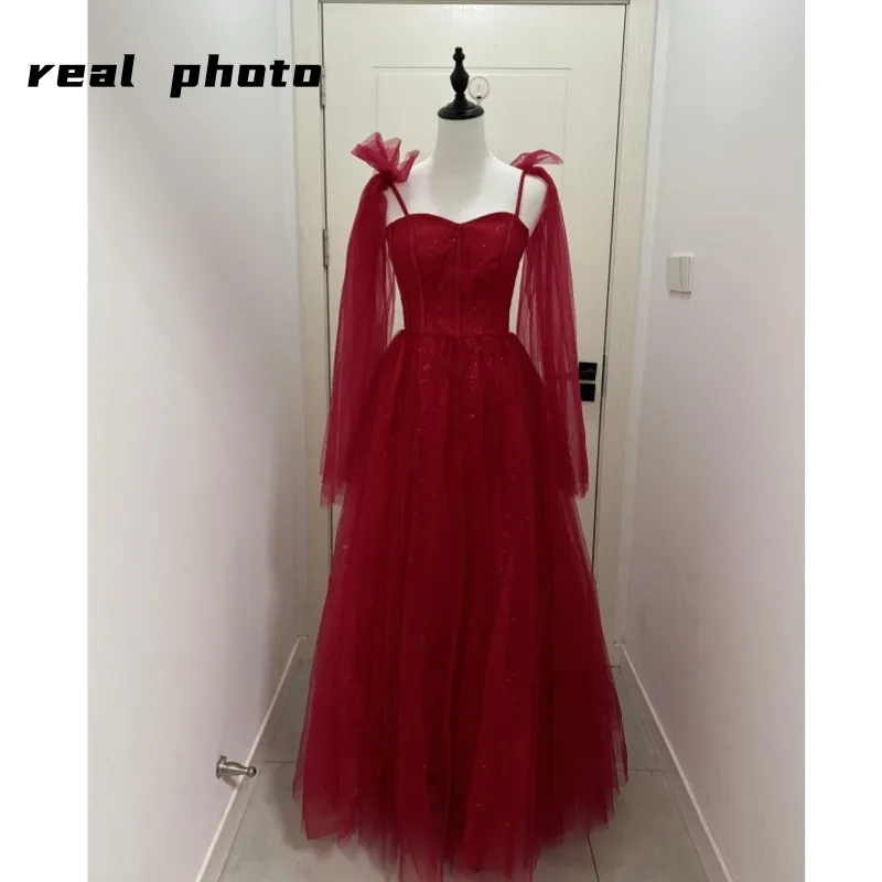 Customized Sexy Spaghetti Strap Evening Dresses Wine Red Tulle Simple Vestido Longo Festa Sweetheart Neck Princess Prom Dress