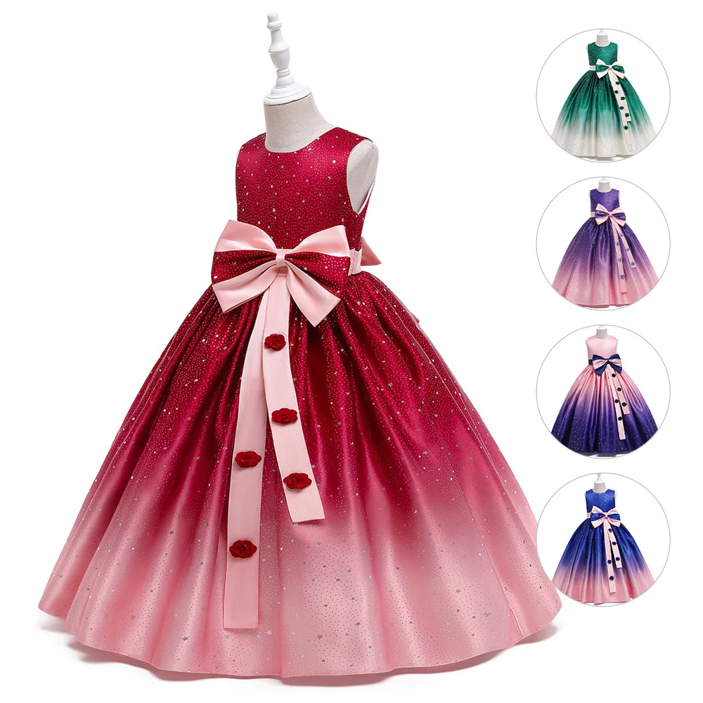 

ELBCOS 4-14T Kid Girls Princess Host Flash Star Bowknot Costumes Evening Gradient Color Dress LS8026