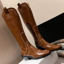 Women's genuine leather 6cm thic khigh heel square toe side zip knee high boots high quality casual female long boots shoes sale