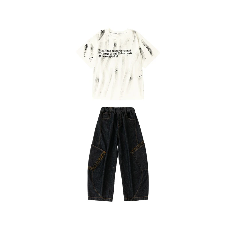 Summer Baggy Street Clothing Kids Hip Hop Dance Tops Black Pants Short Sleeves Poppin Breaking Practice Show Costume BL16086