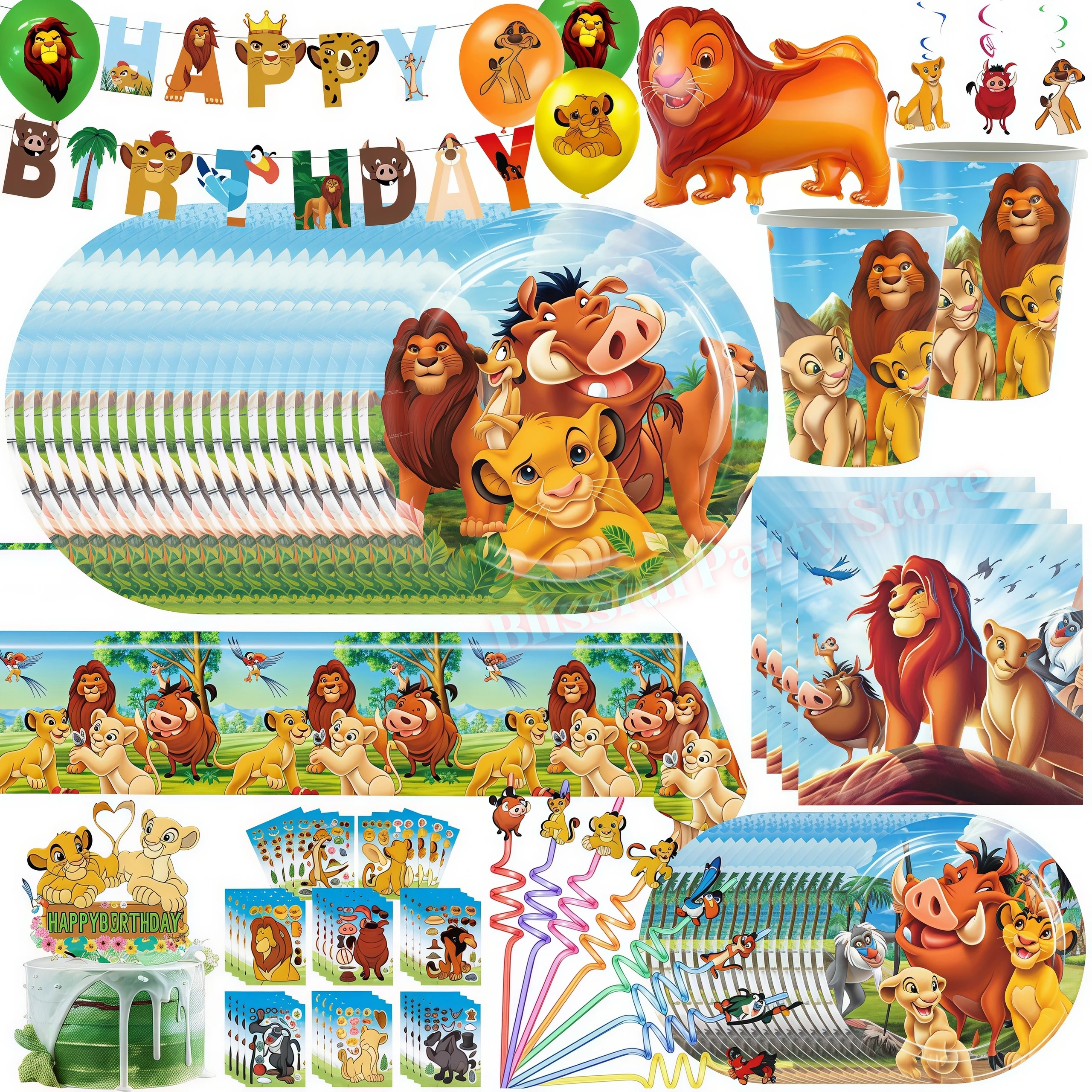 Kit de Décorations et Vaisselle Thème Roi Lion Simba pour Fête d'Anniversaire – Gobelets, Assiettes, Serviettes, Ballons Lion, Cadeaux pour Enfants, Fournitures pour Baby Shower