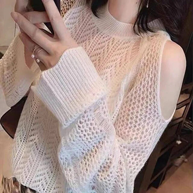 Fashion Off Shoulder Long Sleeve Sweaters Women High Street Lazy Style Loose Jersey Jumpers Elegant Round Collar Knit Pullover