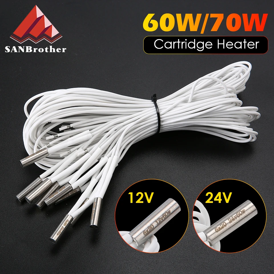 3D Printer 6*20MM 24/12V 60W 70W Heater Cartridge With 100CM cable 3D Printer for V6 HOTEND Volcano MK8 MK9 CR-10 ender 3