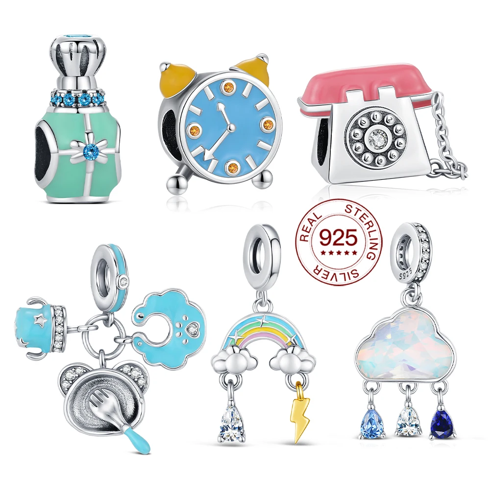 Original 925 Sterling Silber Anhänger Wecker Charms DIY Mode Schmuck Machen Zubehör Perlen Frau Täglichen Tragen Geschenke