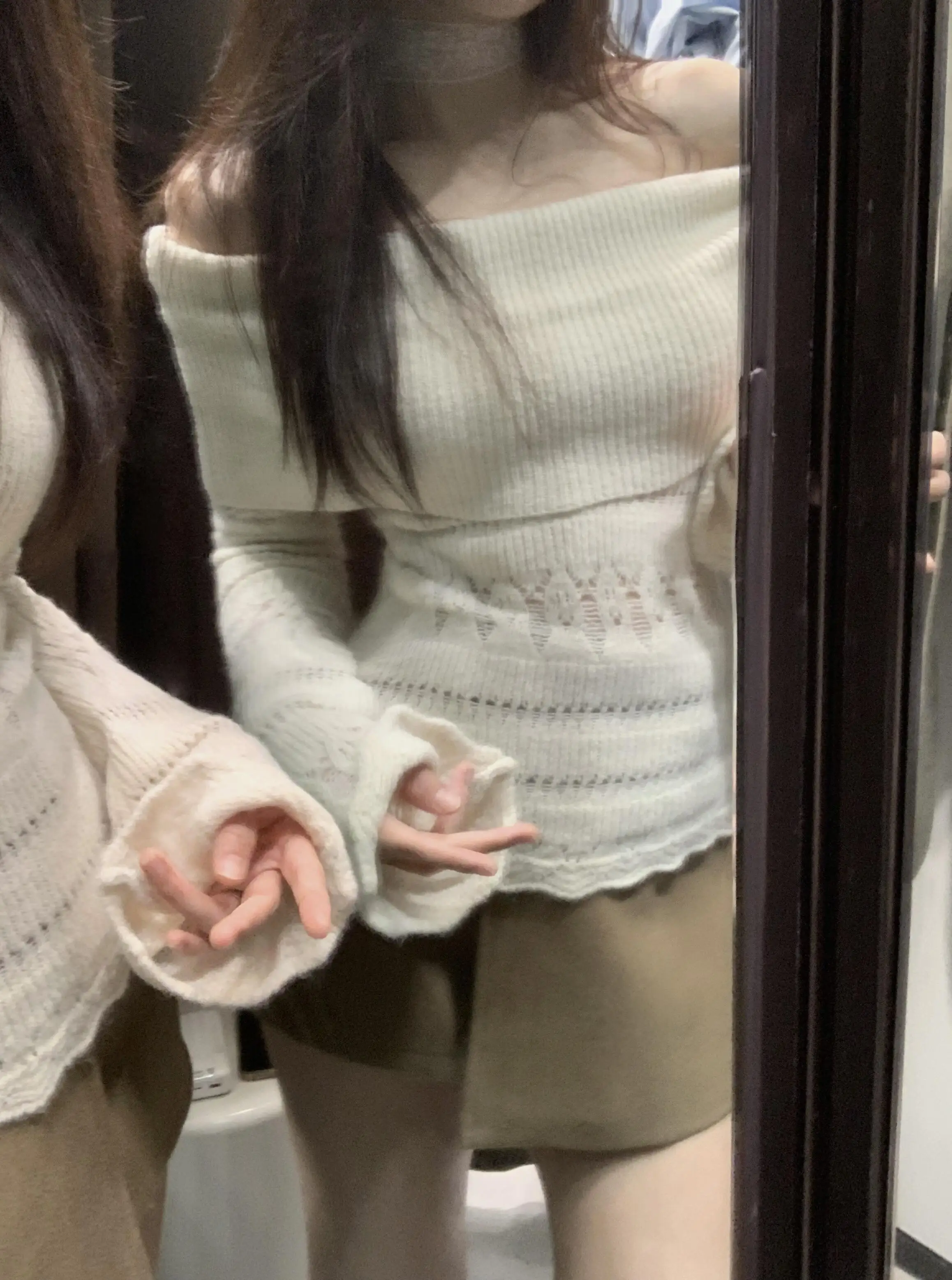 Ladies' White Knitted Sweater Shoulder Bared Slim Fit Casual Style Long Sleeve Warmth Guaranteed Fashionable Korean Style