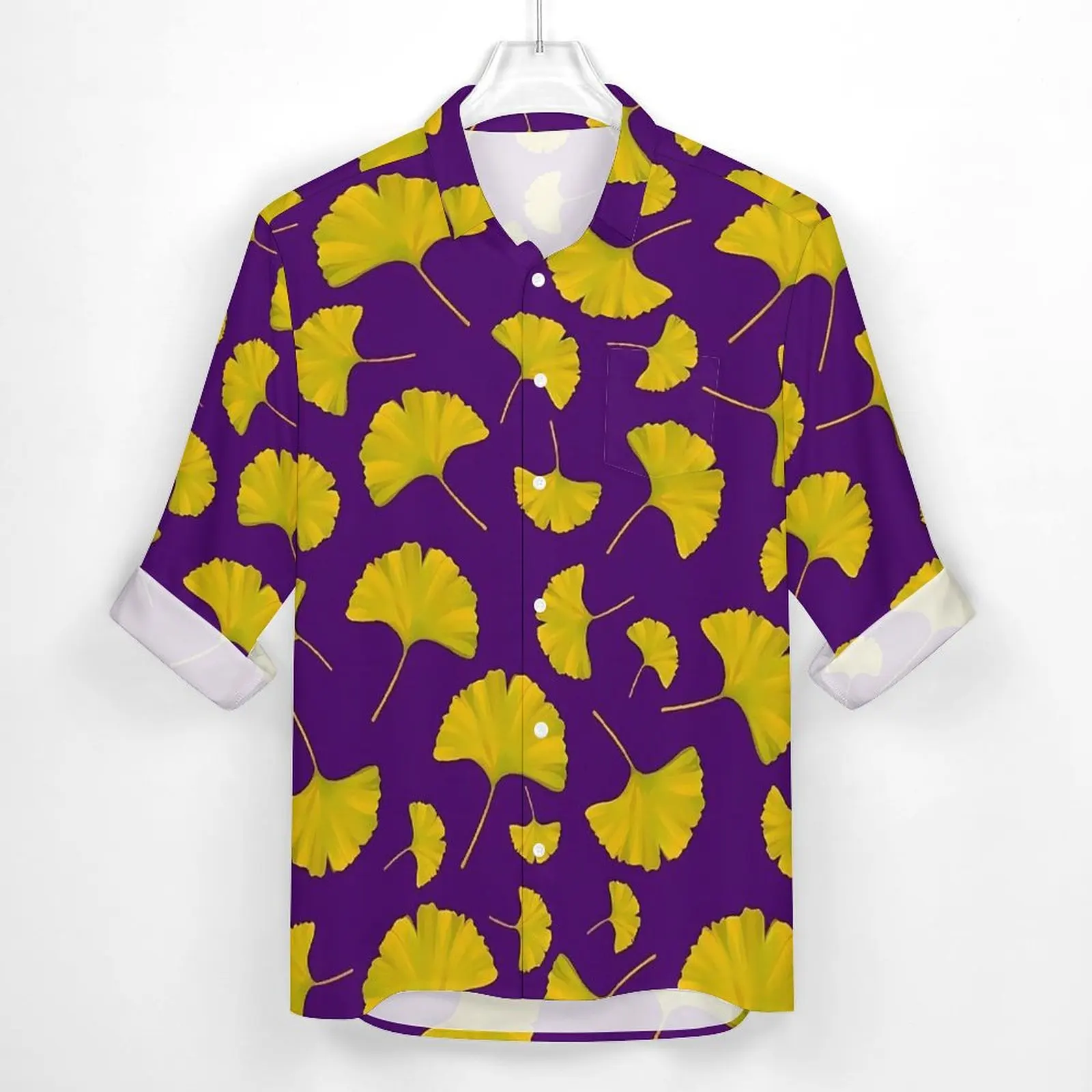 Ginkgo Biloba Print Casual Shirts Mens Yellow And Purple Shirt Long Sleeve Novelty Stylish Blouses Autumn Design Clothes 3XL 4XL