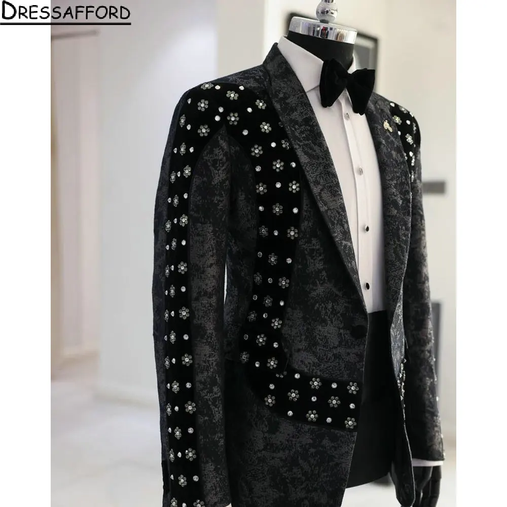 Trajes de tejido Jacquard negro para hombres, esmoquin de boda de cristal para novio, conjuntos de 2 piezas, Blazers de graduación de cena, Terno Masculino Completo