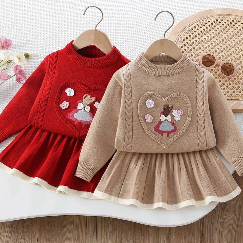 

Girls' Sweater Dress Set Autumn Winter New Fashionable Baby Girl Flower Heart Knitted Sweater Children's Stylish Two-Piece Set T