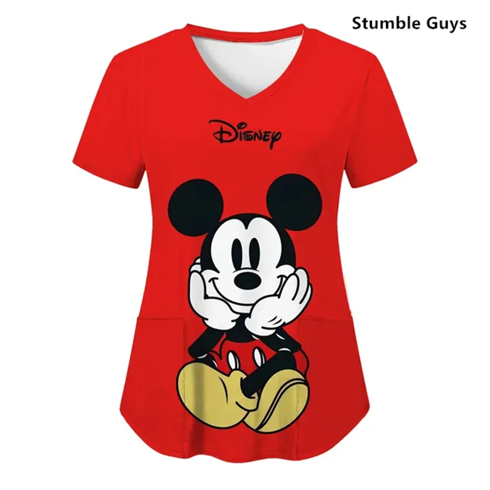 Hospital T-shirt Nurse Uniform T-shirts Minnie Mouse Top Women 2024 Pocket Woman Stitch Clothes V Neck Mickey Tops Tees Women's