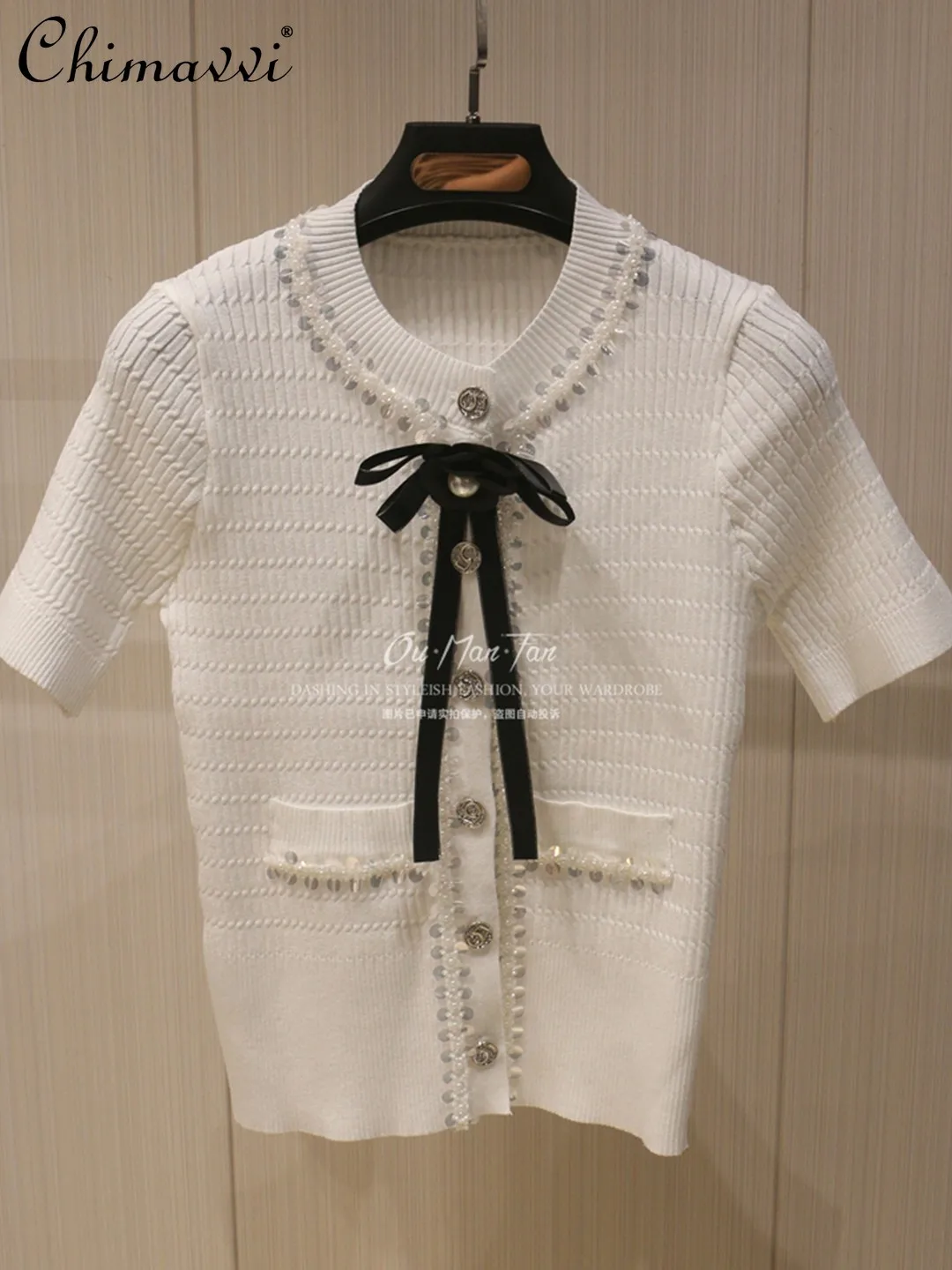 

High-end Fashion Black Sequin Bow Ice Silk Knit Cardiganwomen 2026 Spring Summer New Ladies Short-sleeve Metallic Button Top