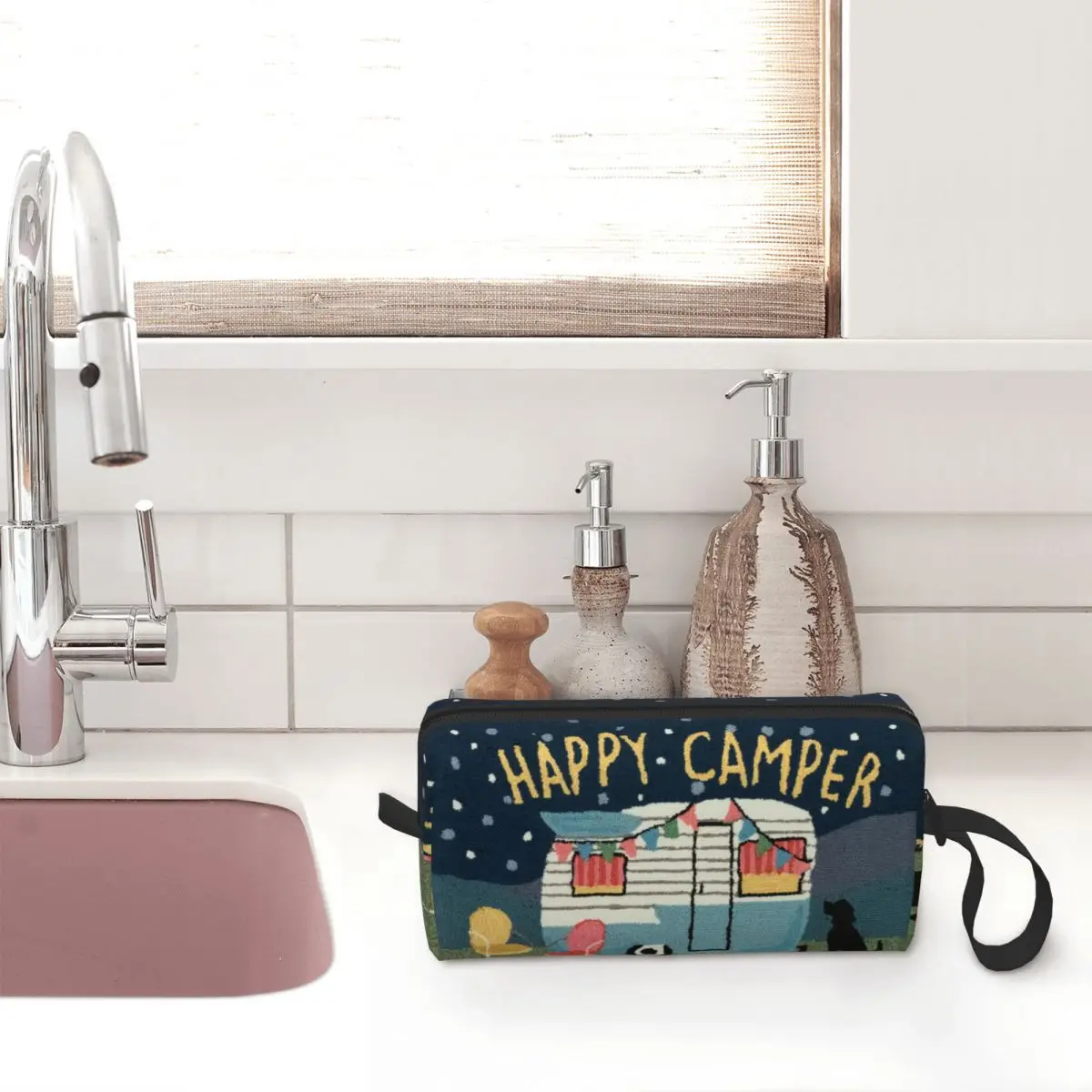 Adventure Travel Happy Camper Cosmetic Bag Women Kawaii Cartoon RV Camping Makeup Case Beauty Storage Toiletry Bags