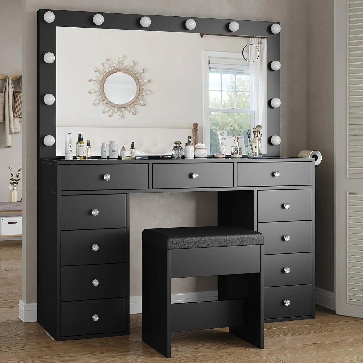 Vanity Desk & Power Outl, Makeup Vanity with Mirror and 12 LED Lights, Makeup Table with 11 Drawers, Vanity Table with Chair