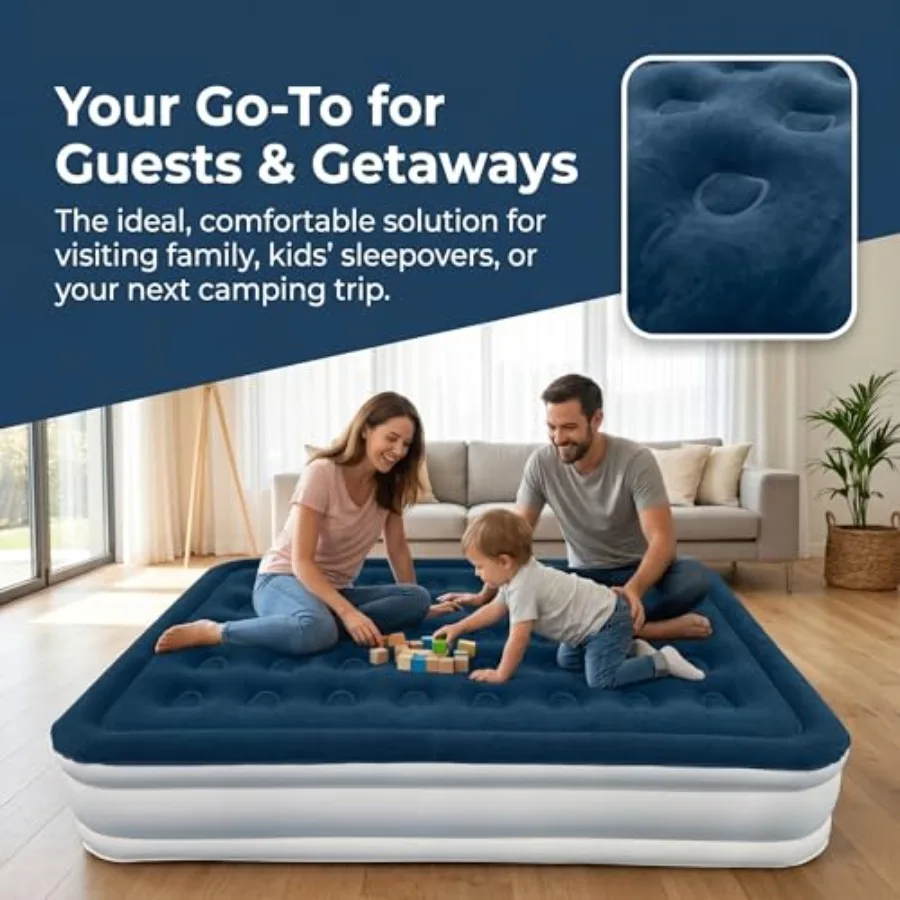 Queen air mattress with built-in pump, waterproof flocked surface, gray, 16-inch height, inflates in 3 minutes for travel and t