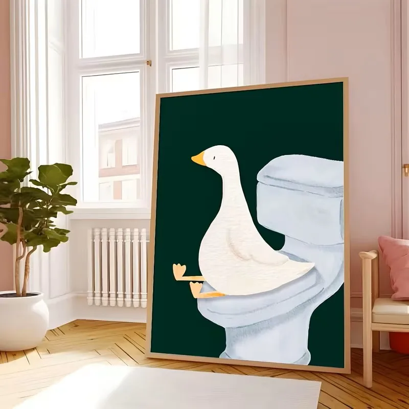 

The Green Goose Bathroom Canvas Poster Features A Cartoon-style Goose on The Toilet with A Bright Green Background Decoration