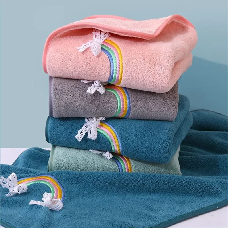 Fast drying coral velvet towel, rainbow embroidery hand towel, thick baby shower bath towel, Christmas gift items view 2