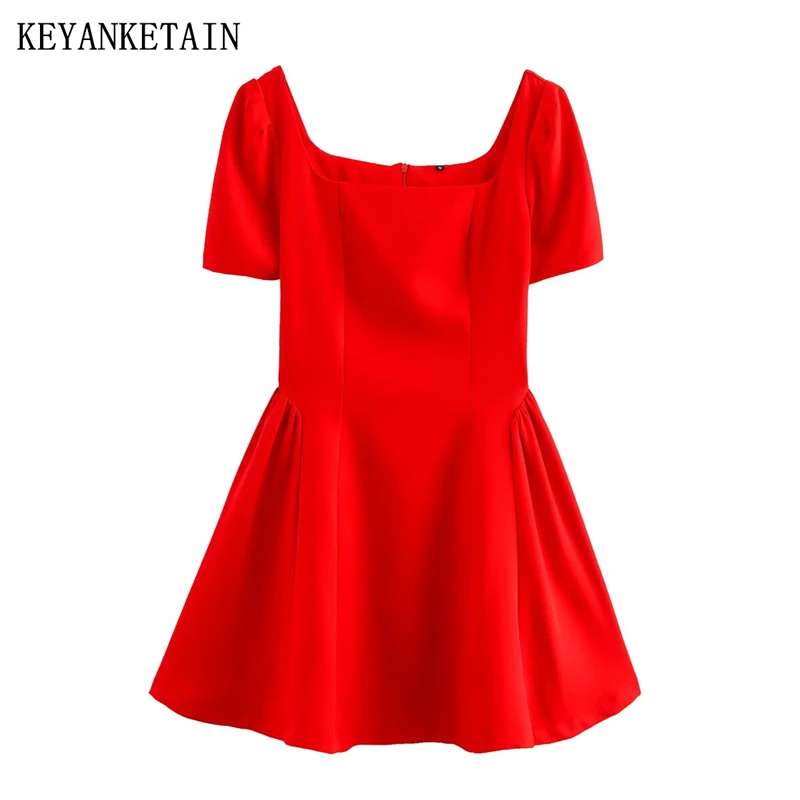 KEYANKETIAN 夏の新しい女性の赤いスクエアネックバブル半袖ミニふわふわスカートスリムフィット痩身ドレス