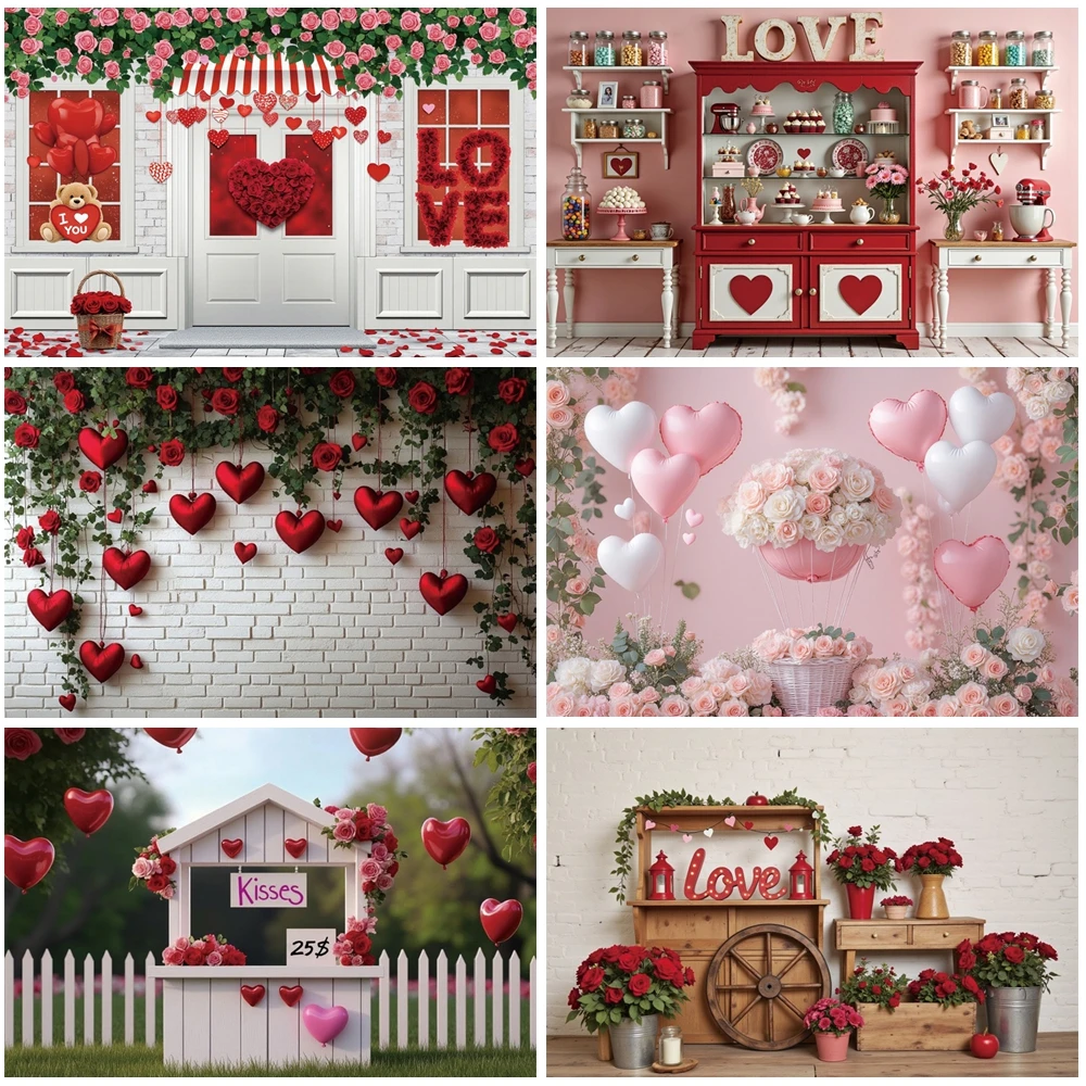 

MOON.QG Valentine's Day Romantic Backdrop Golden Gate Red Rose Bouquet Photo Background Photocall Photography Accessories Decor