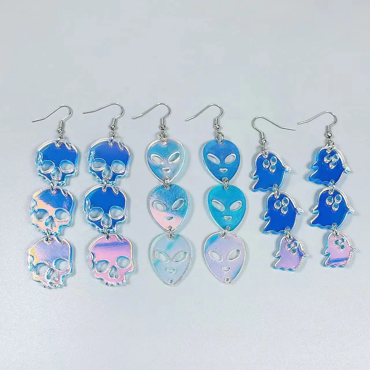 Halloween Collection New Laser Colorful Skull Head Ghost Pumpkin Outward Newcomer Acrylic Pendant Earrings Party Jewelry Gifts